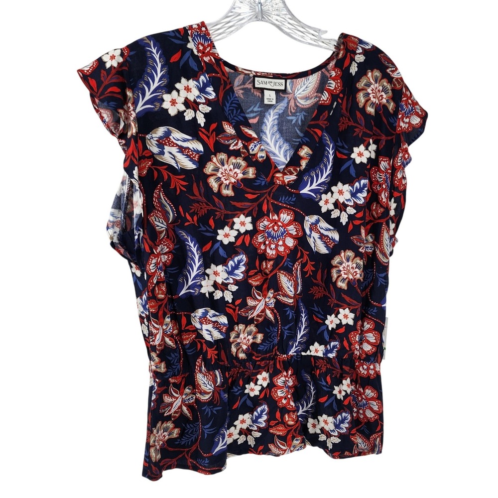 Sam and Jess Womens Floral V-Neck Peplum Blouse Navy Red White Large NWT $59